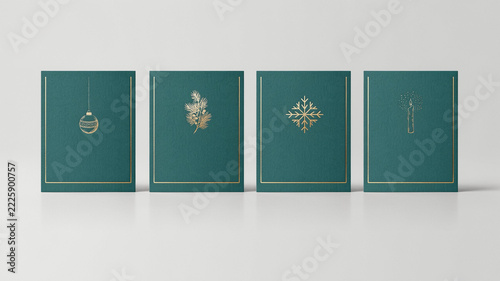 Luxury Holiday Stationery Mockup Featuring Four Deep Green Christmas Cards with Gold Foil Line Art and Minimalist Festive Symbols