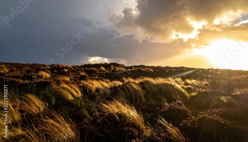 Golden Sunlight Breaking Through Dramatic Clouds Over Windswept Grassy Dunes at Dusk