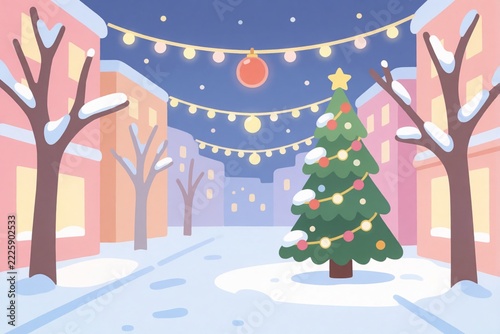 クリスマス イルミネーション 雪景色 ツリー イラスト　横長