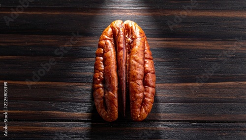 A Single Perfect Pecan Half Rests on a Dark Wooden Surface