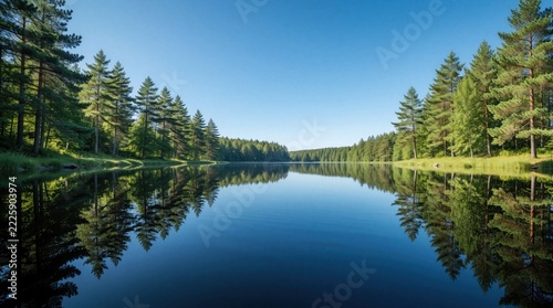 Serene lake reflects green forest, blue sky in summer. Calm water surface shows perfect mirror image of pine trees on shore. Peaceful nature landscape with tranquil woodland scenery, sunlight during
