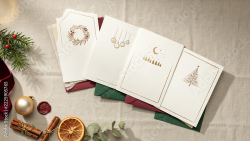 Luxury Christmas and New Year Greeting Card Collection with Ivory Deckle Edge Paper, Champagne Gold Foil Ornaments, Botanical Wreaths and Festive Decorations on Natural Linen Background
