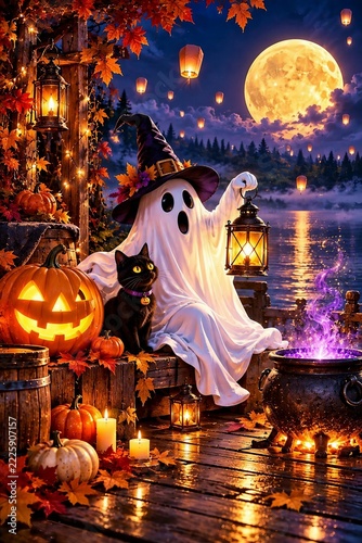 Magical Halloween Night with Friendly Ghost, Black Cat, Glowing Jack-o'-Lanterns and Enchanted Cauldron Under a Giant Full Moon