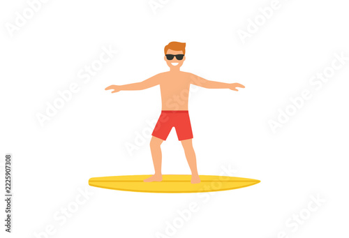 Surfer standing on a yellow surfboard flat vector illustration on white background
