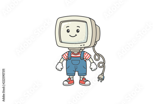 Cartoon television with a smiling face stands in playful overalls
