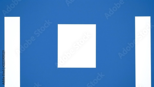 Abstract geometric composition with white square and vertical bars on a solid blue background