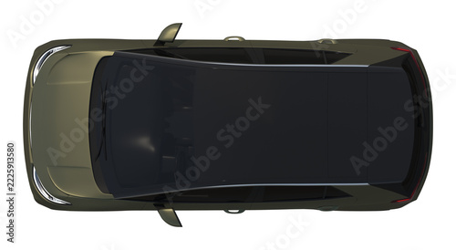 Obraz na plátně Top-down 3D render of a dark green crossover SUV isolated on a clean white backg