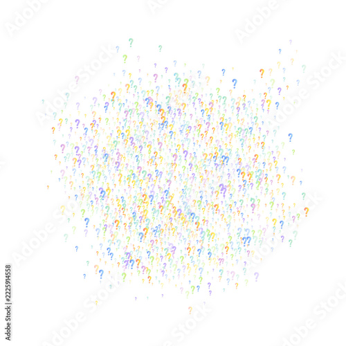 Question marks. Background for quiz, poll, survey, faq, interrogation, query. Multicolored template for opinion, public poll. Funny School vector illustration rainbow color on white background.