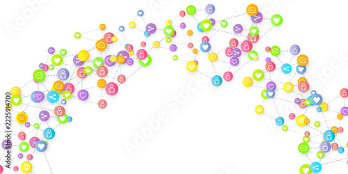 Social media marketing, Communication networking concept. Random icons social media services tags linked on white background. Comment, friend, like, share, target, message. Vector Internet concept.