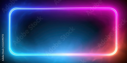 Glowing rectangular frame with vibrant neon lights illuminates a dark, smoky background.