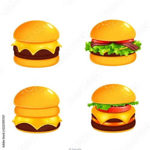 Set of four delicious cheeseburgers and hamburgers with fresh ingredients like lettuce and tomato