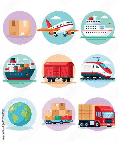 Nine distinct icons illustrate various modes of transportation and global logistics.
