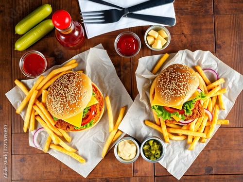 Two delicious cheeseburgers with french fries and dipping sauces served on a rustic wooden table