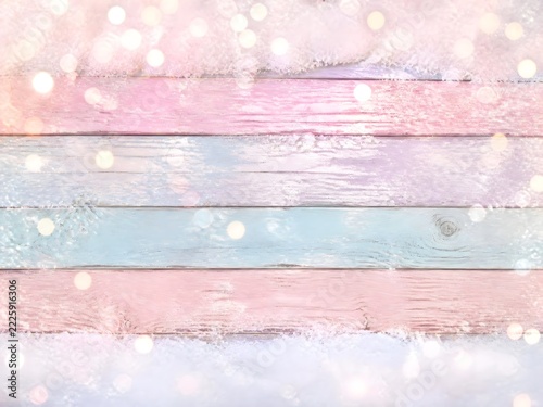 pastel doodle Background of wooden boards with snow and glitter bokeh effect
