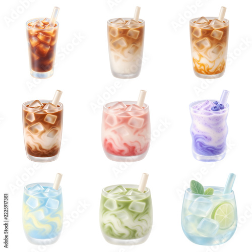 Iced Coffee Latte and Refreshing Cafe Drink Set 3D