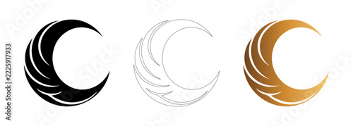 Set Of Three Crescent Moon Feather Icons In Black Silver And Gold Variations For Modern Branding And Celestial Logo Design