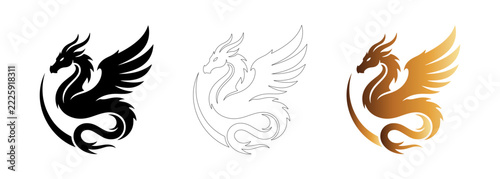 Majestic Winged Dragon Silhouette Vector Icons In Solid Black Thin Outline And Luxury Gold Gradient Styles For Logo Graphic Design