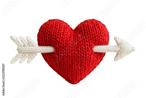 Cupid's Arrow Knitting: A handcrafted red knitted heart is pierced by a white knitted arrow, symbolizing love and affection, with a subtle texture from the yarn.