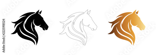 Minimalist Horse Head Silhouette Icon Set Featuring Solid Black Outline And Elegant Gold Gradient Stallion Graphic Design Elements