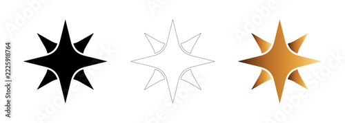 Eight Point Star Sparkle Icon Set Featuring Compass Rose Shapes In Solid Black Line Art Outline And Metallic Gold Gradient Styles