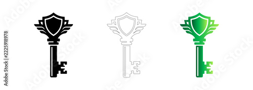 Set Of Three Vintage Shield Key Icons In Black Silver And Green Color Variations For Security Branding And Modern Logo Design