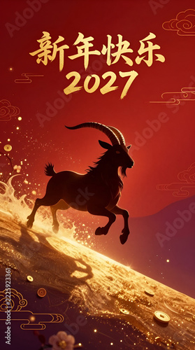 Traditional Chinese New Year Red Envelope Design with Silhouetted Leaping Goat Symbol of 2027, Golden Slope and 新年快乐 2027 Calligraphy, Festive Hongbao Illustration