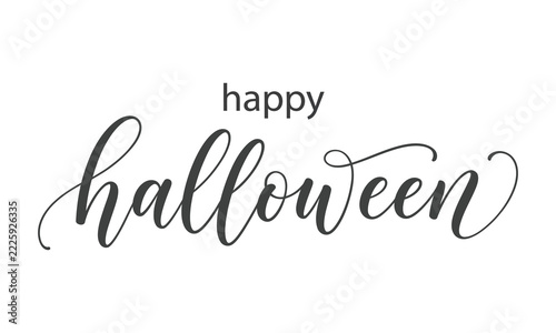 A beautifully elegant hand lettered calligraphy design spells out happy halloween with lovely decorative swirls and detailed flourishes set on a clean