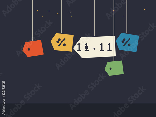 Hanging Price Tags with 11.11 and Percent Signs Scene for online shopping promotion discount advertising and marketing campaigns