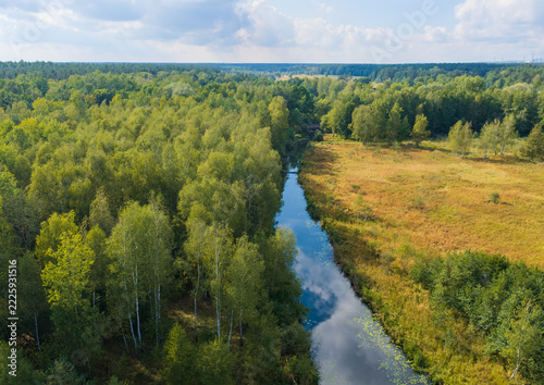 Aerial view of flowing river separating green forest and golden field in Kobior, Poland
