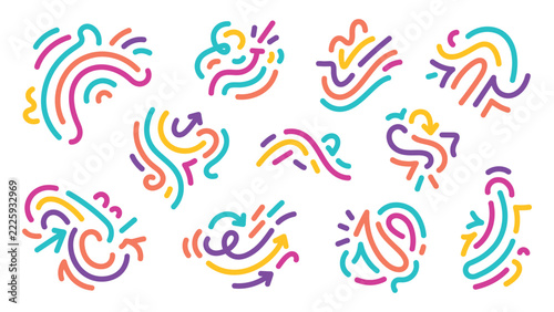 Abstract doodle arrows set with colorful hand drawn squiggles and swirls for creative graphic design projects