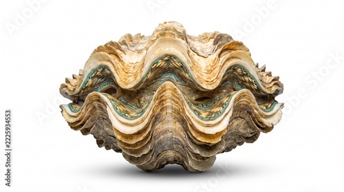 Giant clam with open mantle shell features heavy ribbed ridges and earthy tones, isolated cleanly on white.
