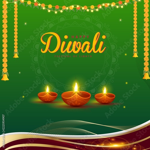 Vibrant Green Festive Background with Glowing Diyas and Hanging Toran for Diwali Celebration