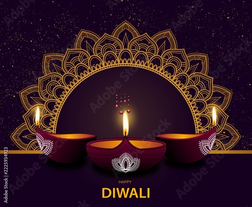 Elegant Deep Purple Background with Golden Mandala Patterns and Glowing Diyas for Diwali