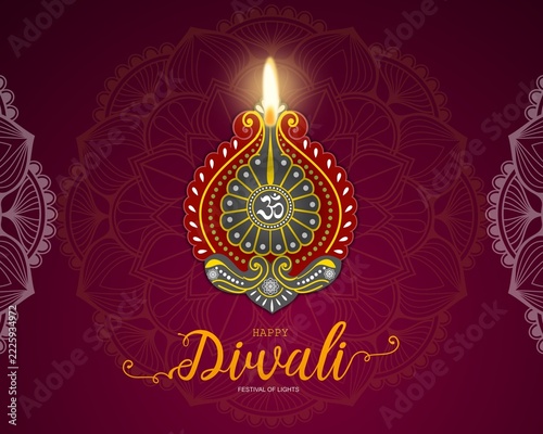 Happy Diwali Greeting Card with Glowing Diya on Maroon Background and Traditional Indian Festival Elements