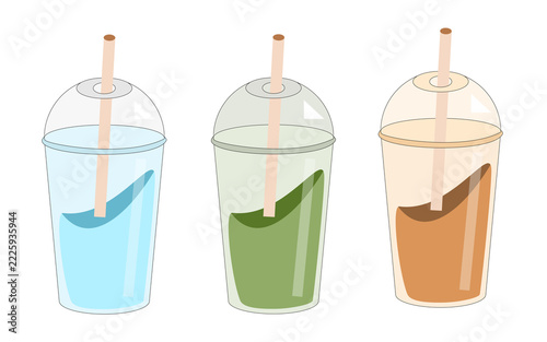Takeaway plastic cup beverage set illustration. Cold drinks in transparent plastic cups with dome lids and straws including matcha tea, iced coffee, and blue soda for cafe menu design