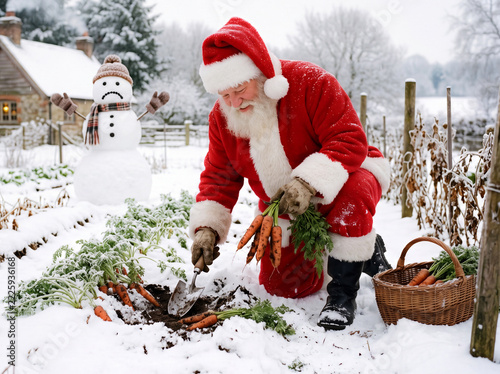 AI Generated - Santa gardening in his vegetable patch, digging up carrots to give snowmen their noses