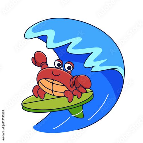 Cute Red Crab Surfing on a Green Surfboard with a Large Blue Wave Cartoon Vector Illustration