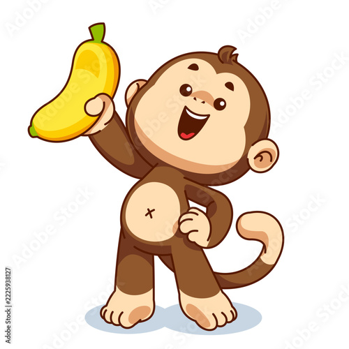 Cute Brown Monkey Holding a Yellow Banana Cartoon Character Vector Illustration