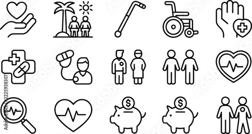 Medical care outline icon set with health, old age, and financial concepts for insurance, hospital, and patient support system.