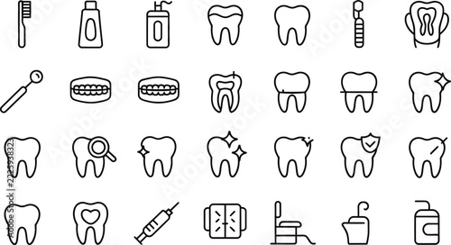 Dental care outline icon set with hygiene products, teeth conditions, and treatment procedures for oral health maintenance.