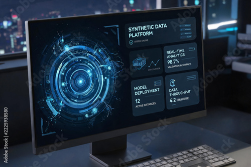 Futuristic Synthetic Data Platform Display with Real-Time Analytics and Model Deployment on Computer Monitor