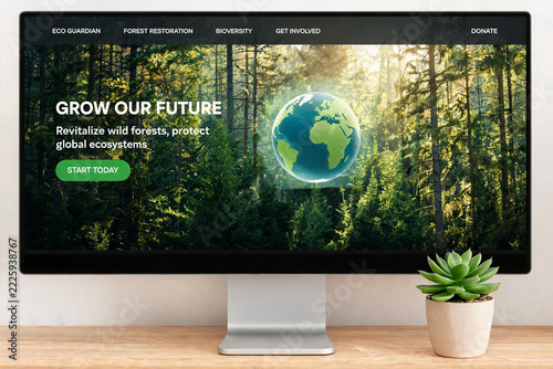Environmental Conservation Website Homepage on Desktop Monitor with Forest Background and Globe Illustration