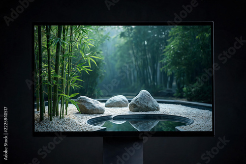 Zen garden with bamboo, rocks, and a water feature framed against dark background