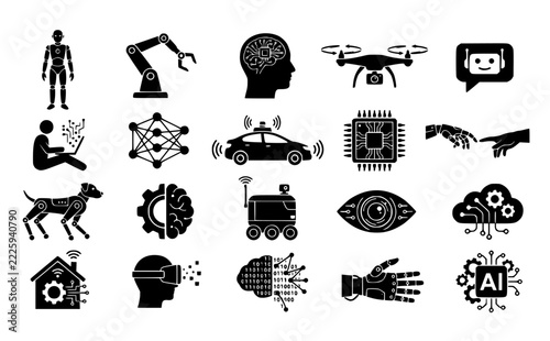 AI and robotics silhouette set, black vector humanoid robot, robotic arm, circuit brain, drone, chatbot, microchip and neural network icons for technology, automation and innovation design