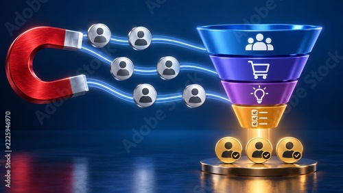 Red horseshoe magnet attracting customer profiles into a digital sales funnel representing targeted marketing strategy