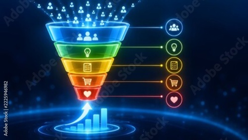 Glowing digital sales funnel with business icons and financial growth chart symbolizing data analytics strategy