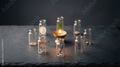 Small glass vials arranged around a lit candle on slate