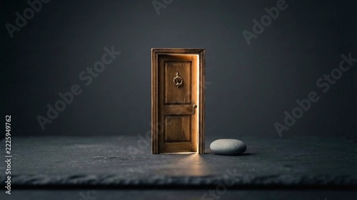 Small wooden door standing open on dark slate surface