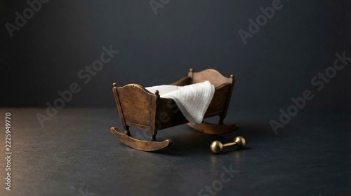 Small wooden baby cradle with white blanket and dumbbell