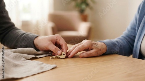 Two people holding a house key on a wooden tabletop